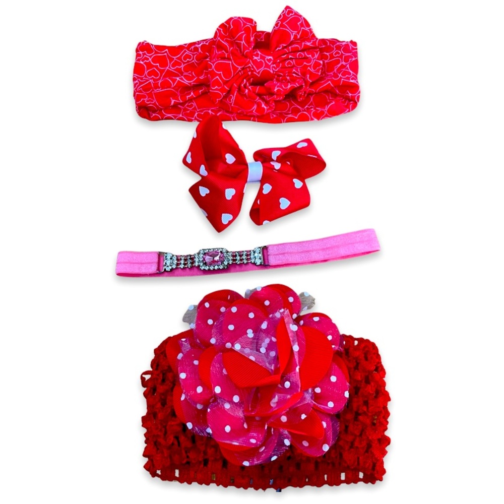 Girl hair bow headbands set 4 red pink white heart flower dots crystal Valentine